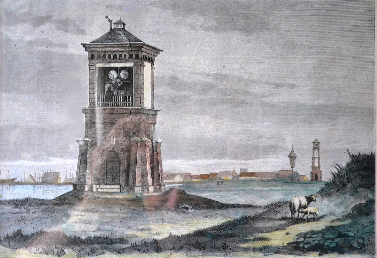 Frederik Winther's tegning fra 1878. I baggrunden pilemærket "Manden" og det høje sydlige fyrtårn. Yderst til højre rester af "Dragør nordre Batteri". Motivet er tidligere anvendt på Dragør Apoteks recept kuverter.
Foto: DB Arkiv