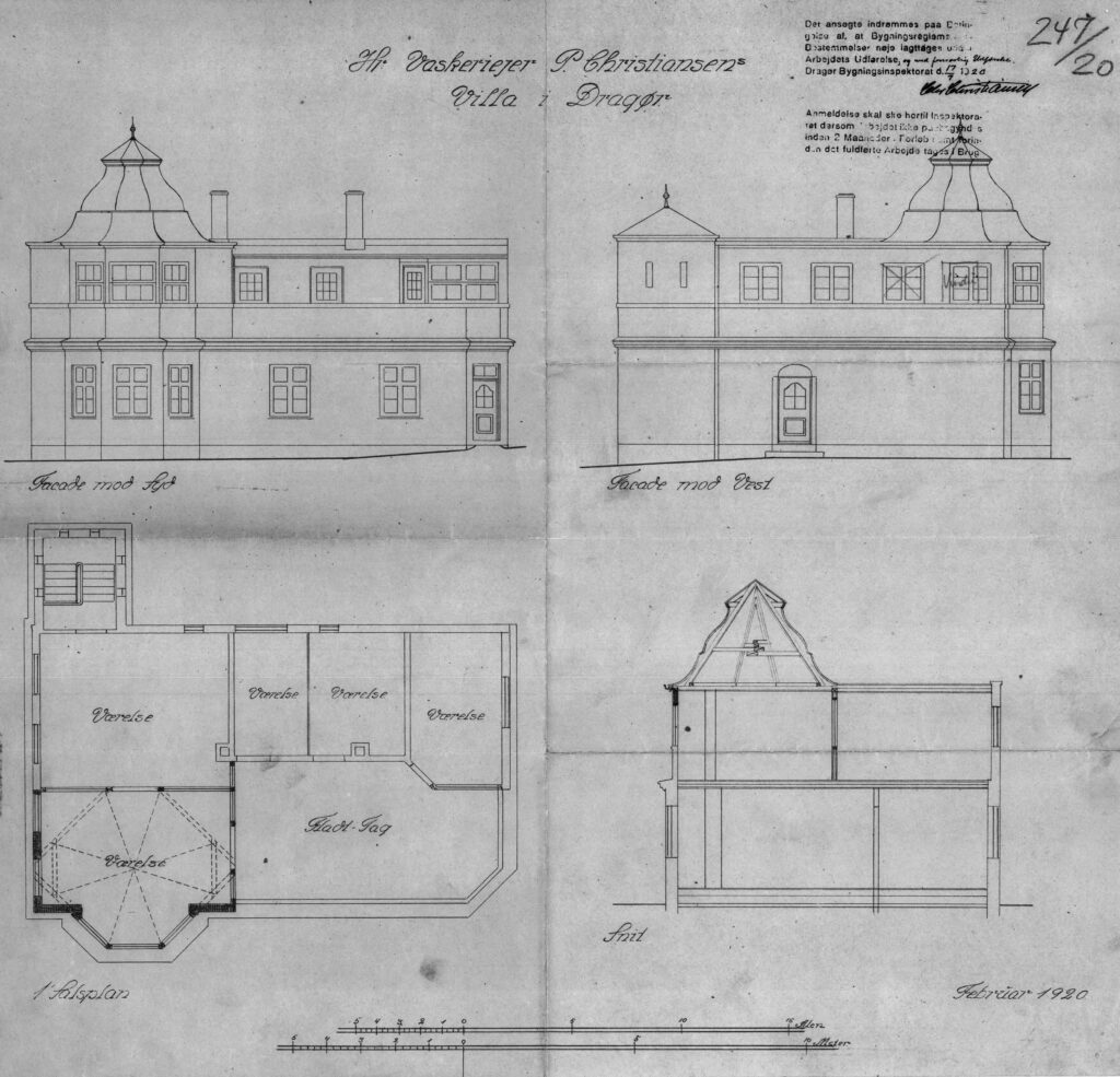 Tegning fra 1920 med tårnet. Dragør Kommunes Bygningsarkiv.