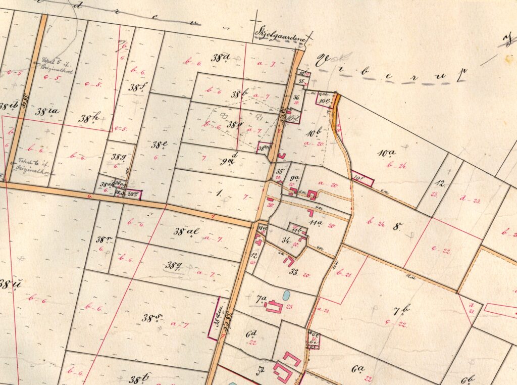 1915. Udsnit af matrikelkort, Ullerup. Matr.nr. 38 al blev lejet af Krigsministeriets Armeingeniørkommando, først som teltlejr og senere fra 1916 baraklejr.