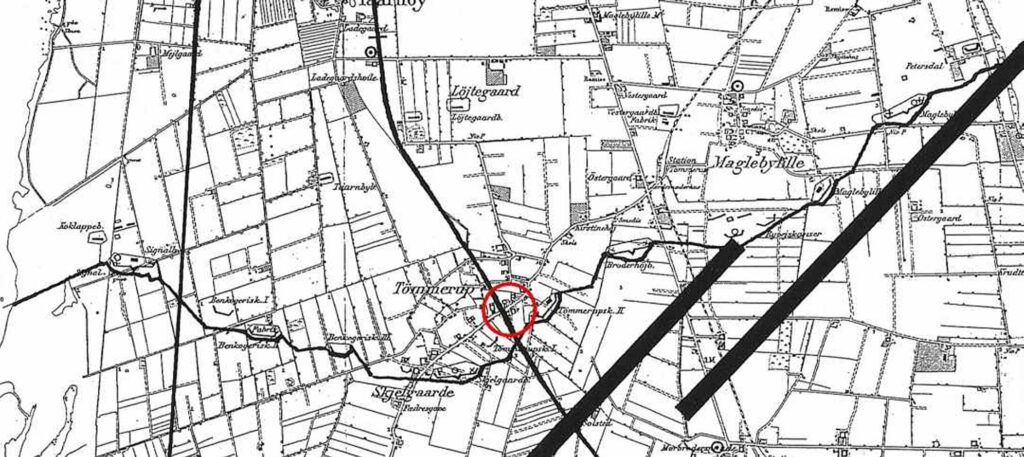 1906: Tømmerup Kro markeret med rød ring. Kongelundsvej, Englandsvej og 04-22 banerne er indtegnet. "Tømmerupstillingen", der også er indtegnet, blev anlagt i 1914. DB-Arkiv.