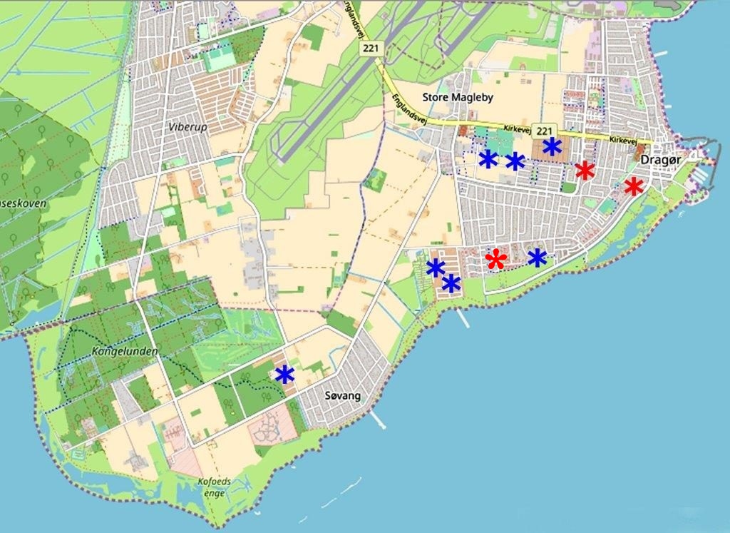 Havekolonier, andelsforeninger, parcelforeninger m.v. i Dragør Kommune. Røde stjerner er tidligere placeringer af Dragør Kolonihaveforening og nyttehaver ved Store Magleby Strandvej.