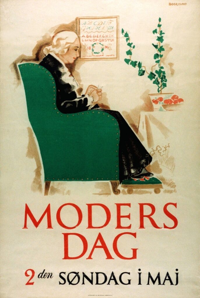 Plakat som "Komitéen for Moders Dag" solgte til forretninger. Protektor for komitéen var nu afdøde prinsesse Caroline Mathilde.