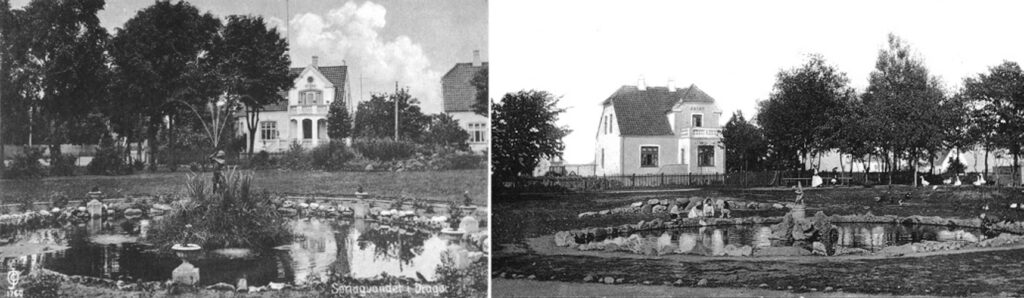Nordre Væl: Pladsen der fik sit navn igen. Del 1 af 2 | Læs på dragørnews.dk Villaerne på nordsiden af Nordre Væl er opført i 1913-14 til to dampskibførere. Som lokale sagde dengang. De var bygget uden for byen på vej til stationen. Tv. Postkort ca. 1930. Villa Hydra og i anlægget ser man "Lille Peter". Vandet kommer ud af den slange, som drengen holder. Th. Postkort ca. 1915. Villa Aryht. Det er den første figur, som fungerer som springvand. Vandet kommer ud af fiskens mund. Postkort er udlånt af Jørgen Aamand og Ernst Agerlin (barnebarn af bygherren til Aryht.)