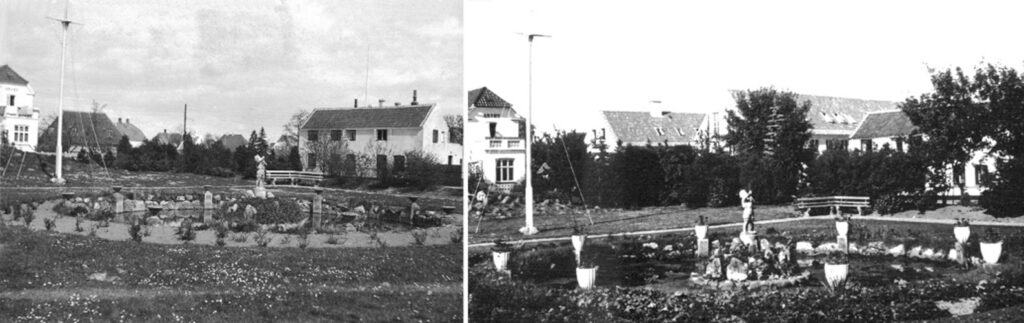 Postkort fra trediverne og fra ca. 1950. Ikke den store ændring, bortsat fra ejendommene "Lo og Lade". De er opført 1947. Fra 1944-47 lå der tre af de kendte runde civile bunkeranlæg, hvor ejendommene blev opført.