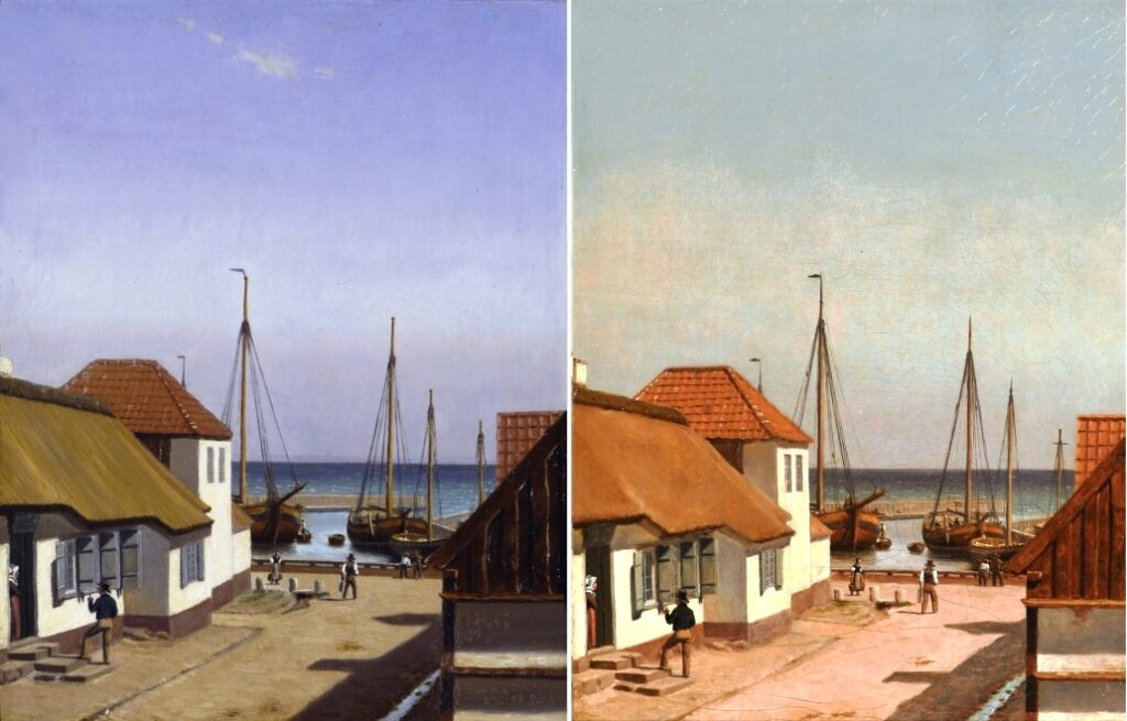 Christoffer Wilhelm Eckersbergs maleri: Dragør Havn 1830. Kunstneren fremstillede maleriet i mindst tre eksemplarer. Tv. købt i 1994 af Ny Carlsberg Glyptotek. Foto udlånt af Ny Carlsberg Glyptotek, København. Th. Samme motiv foræret til Dragør Museum i 1994. Foto udlånt af MuseumAmager. Begivenheder i 1994 omkring malerierne er direkte årsag til, at der i dag står en skulptur på Nordre Væl.