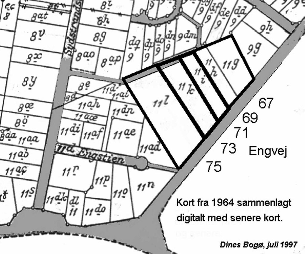 Matrikelkort fra 1964. Tallene på parcellerne henviser til det oprindelige gårdnummer, hvorfra udstykning er sket.